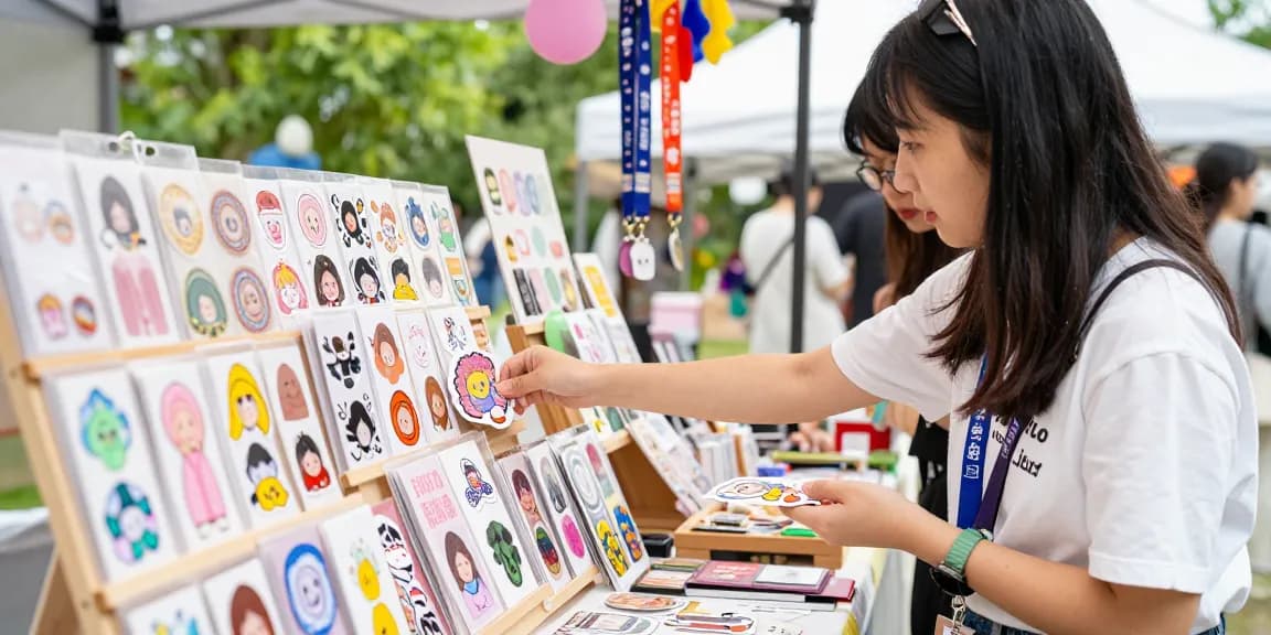 Young woman exploring colorful custom stickers at a craft fair.