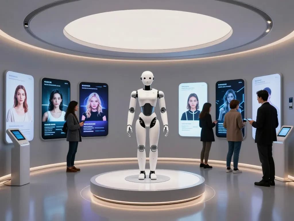 Female sex bot in a futuristic showroom demonstrating AI capabilities and design features.