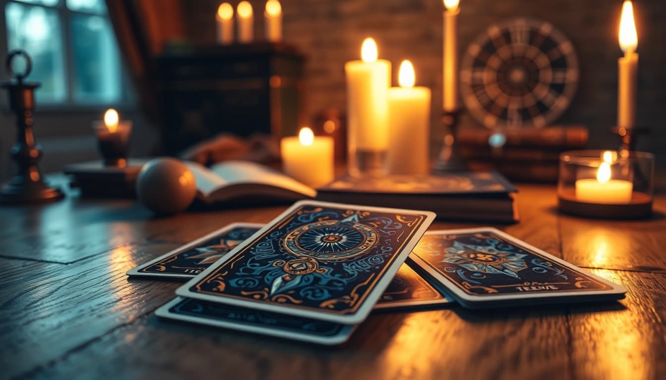 Tarotkarten bedeutung in einem sanft beleuchteten Raum mit mystischen Symbolen und Kerzen.