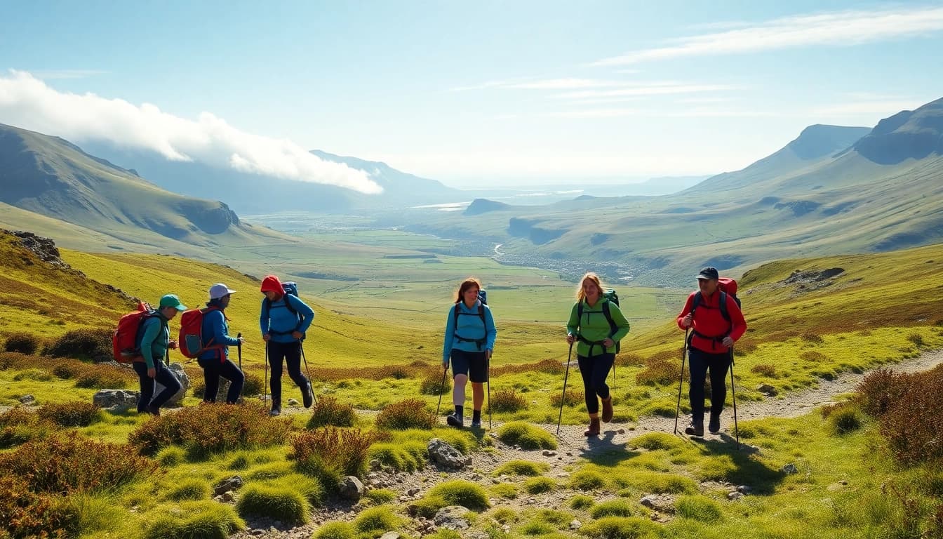 Wanderer auf dem Kerry Way Fernwanderweg genießen die atemberaubende Landschaft und das Abenteuer.