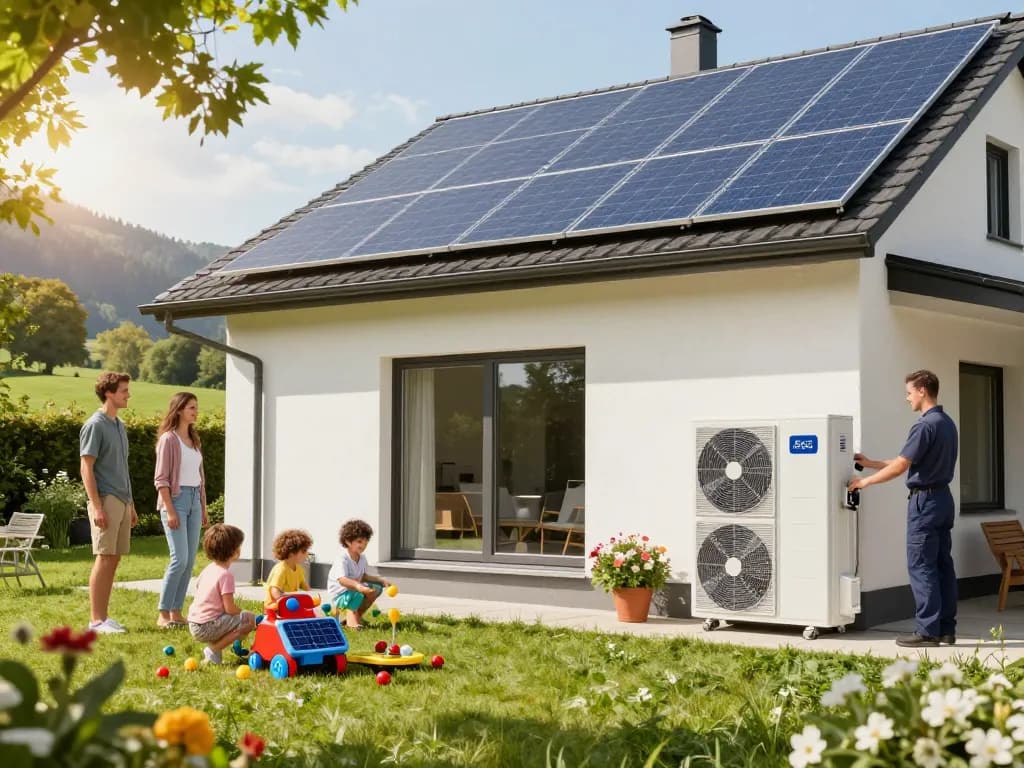 Vorteile der Photovoltaik Bayern mit einer Familie, die Solarenergiesysteme in ihrem Garten nutzt.