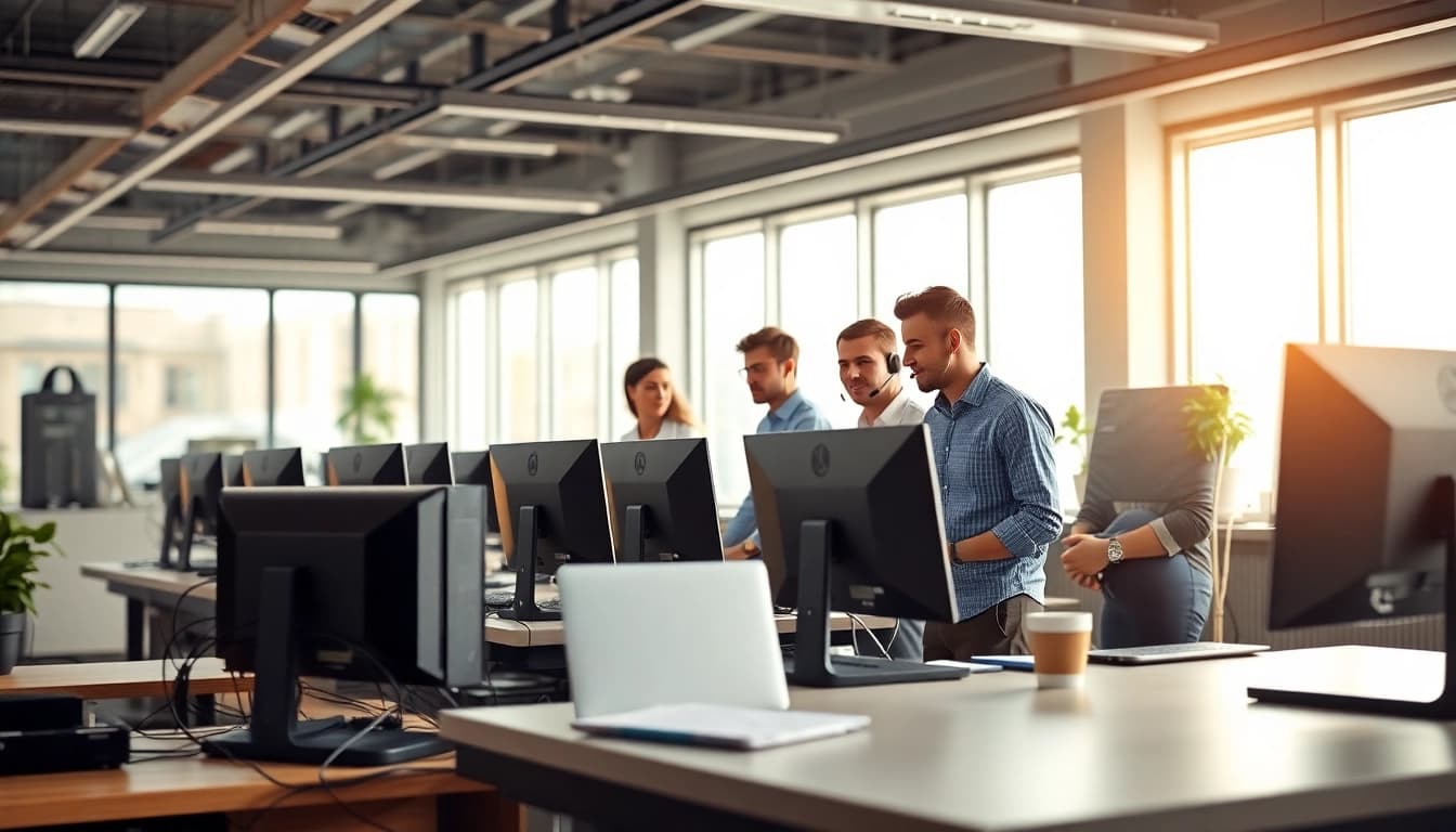 IT Support team collaborating effectively in a modern office, ensuring seamless operations.
