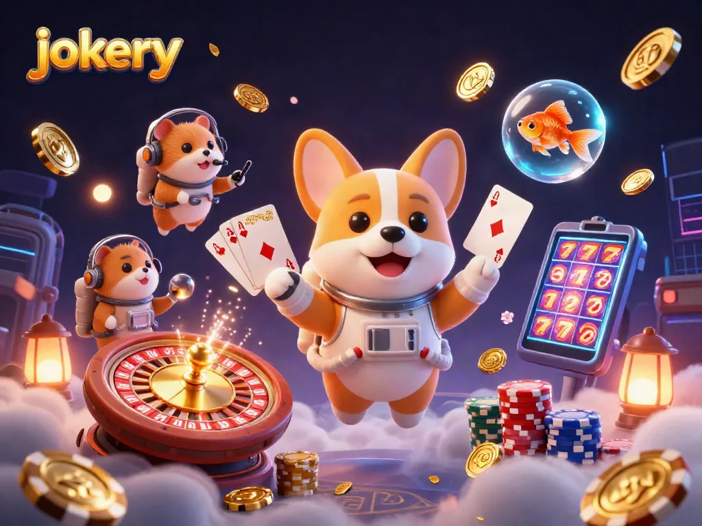 Experience the excitement of jokery in this vibrant 3D casino scene with floating characters and game elements.