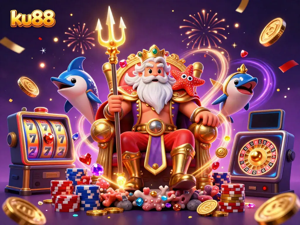 Engage in exciting gameplay at ku88 with a thrilling 3D casino scene featuring Neptune and games.
