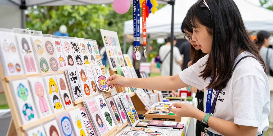 Young woman exploring colorful custom stickers at a craft fair.