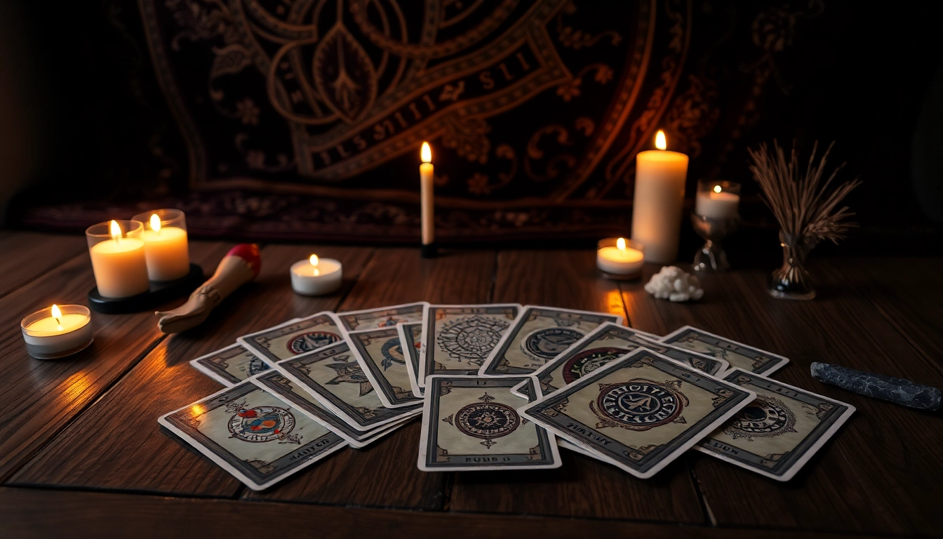 Erkunde die tarotkarten bedeutung durch eine ausgelegte Kartenansicht mit mystischen Symbolen.