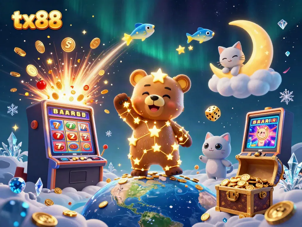 Experience the excitement of tx88 with a constellation bear celebrating wins amidst vibrant casino elements.
