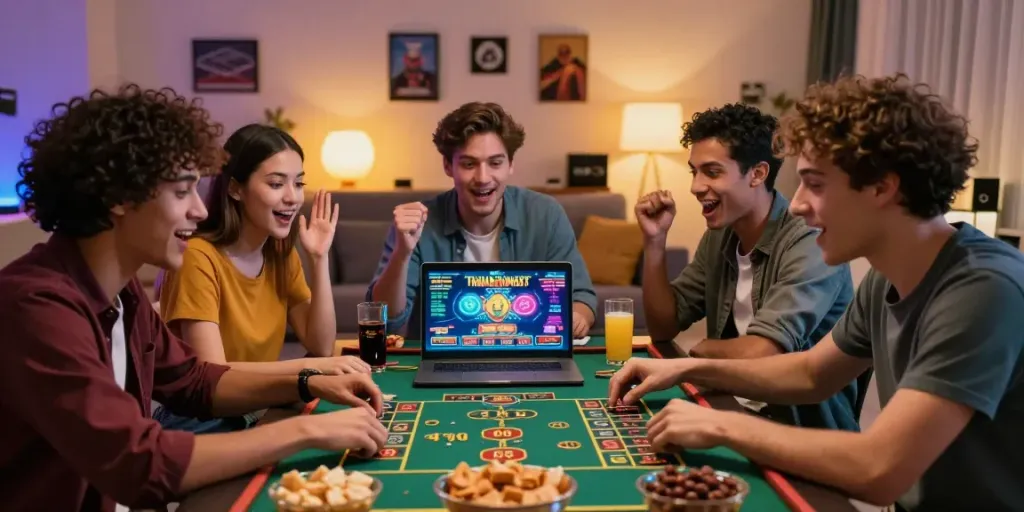 Exciting gaming night with friends at home playing ku88 casino games.