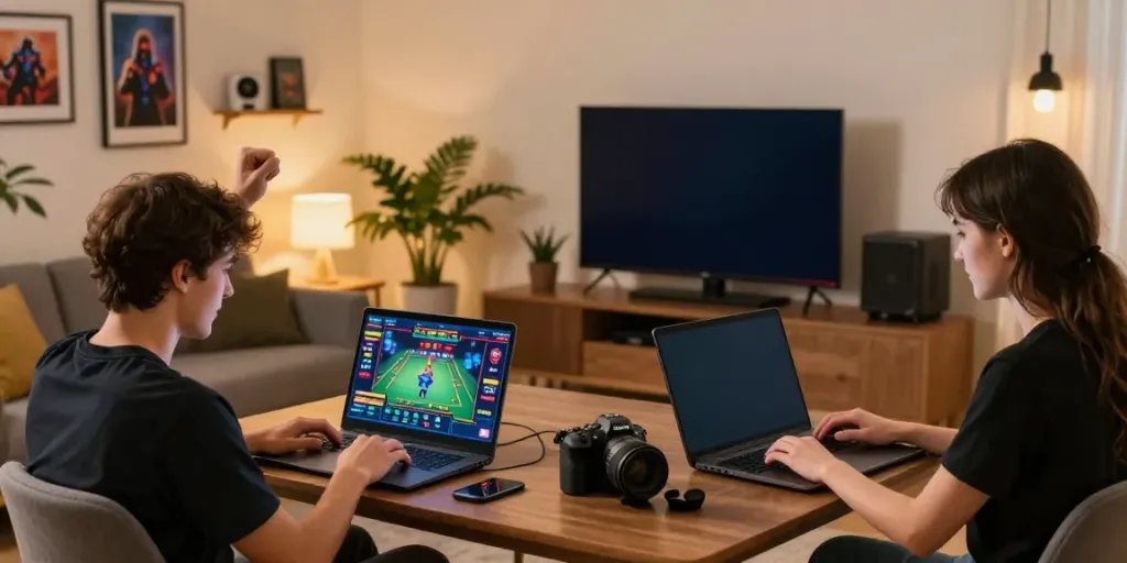 Players celebrating wins on various devices while engaging in online gambling at home with a vibrant atmosphere.