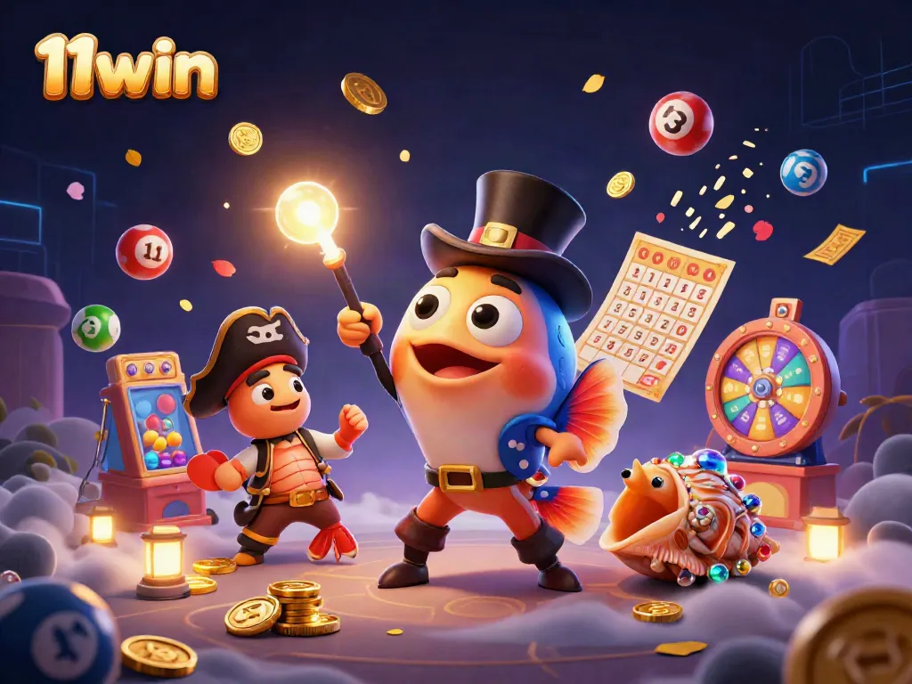 Experience the excitement of 11win with vibrant characters and dynamic gambling elements in a lively casino illustration.