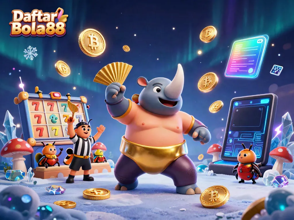 Experience the thrill of Daftar Bola88 with a sumo beetle champion, lucky 7s, and Bitcoin coins flying