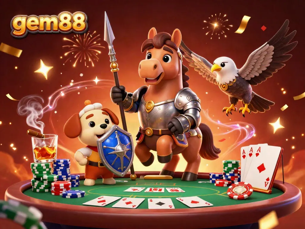 Win big with gem88 in this vibrant 3D illustration featuring a knight, puppy, and falcon amongst casino elements.