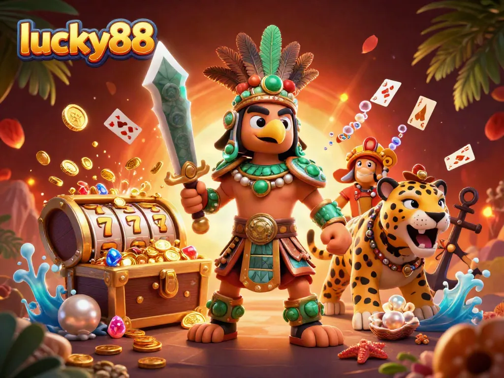 Engage in thrilling gameplay at lucky88 with slot reels, Aztec warriors, and vibrant treasures.
