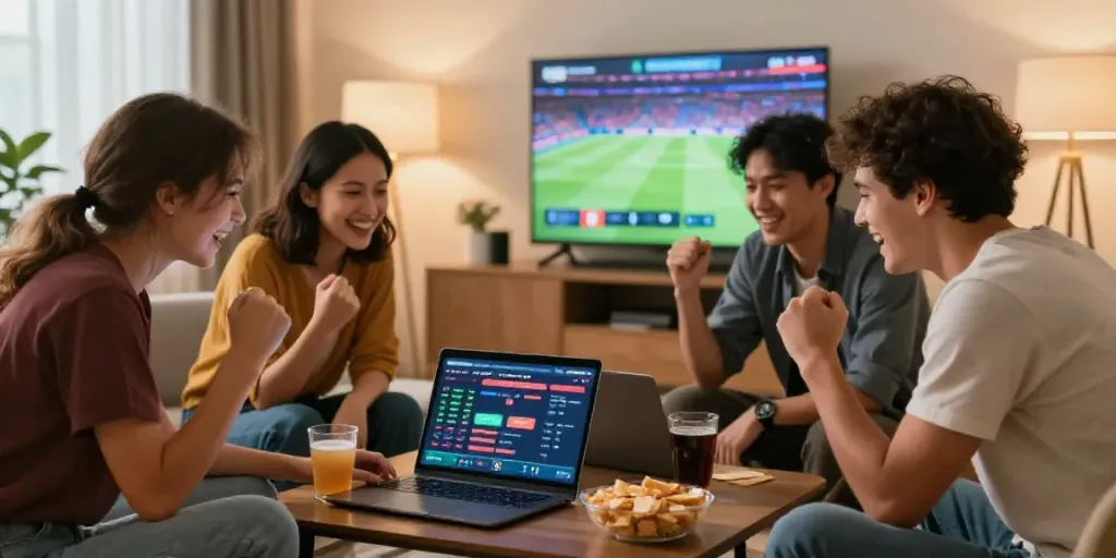 Friends enjoying a lively betting session on Alternatif Bola88 with celebratory mood.