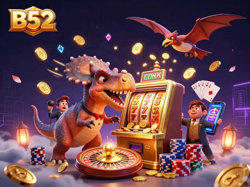 B52 casino scene with a pachycephalosaurus headbutting a golden slot machine while coins fly everywhere.