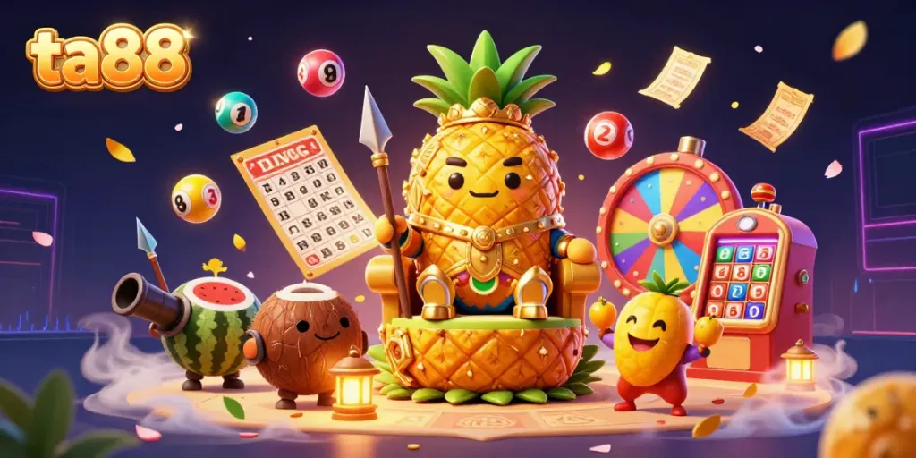 Engage with ta88 and experience a vibrant casino scene featuring the golden pineapple king and his vibrant surroundings.