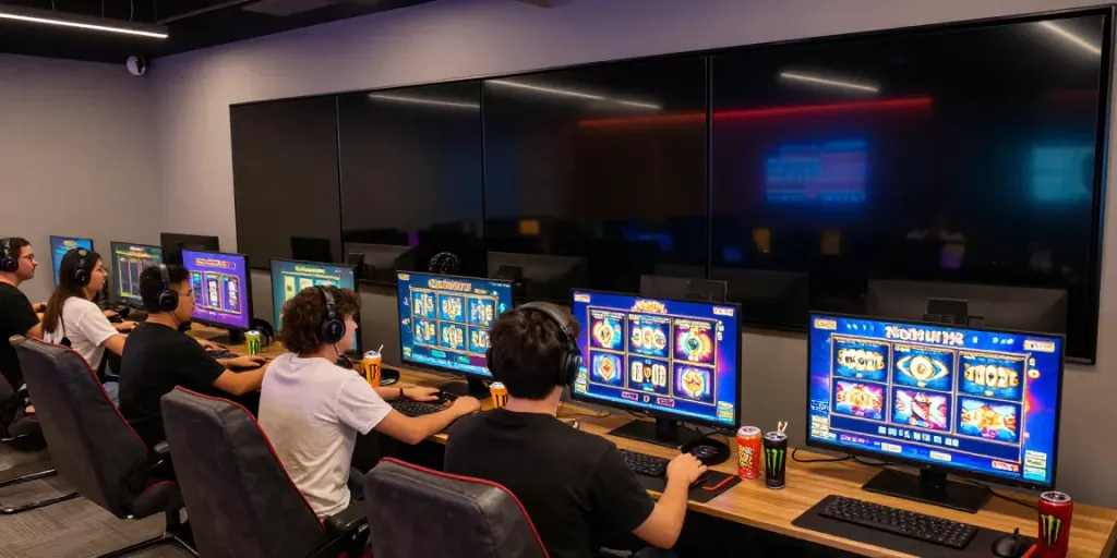 Players engaging with Nohuwin's online games in a lively gaming lounge atmosphere, showcasing popular slot titles and vibrant graphics.