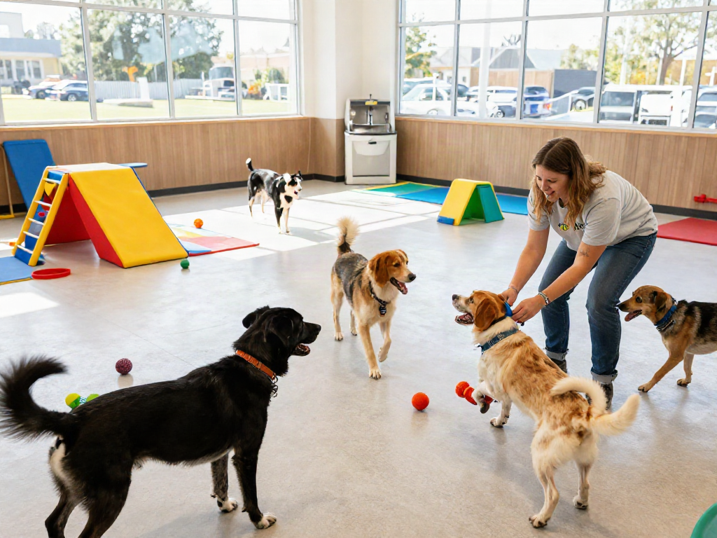 Vibrant dog daycare with playful dogs and staff engaging, showcasing slot depo 10k benefits in pet care.