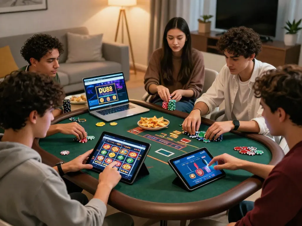 Friends enjoying online gaming at https://du88az.net/ in a cozy living room.