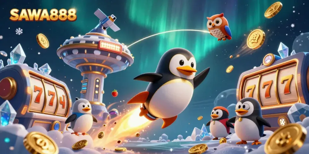 Experience the thrilling adventure of SAWA888 with a golden penguin zooming through space towards a vibrant casino.