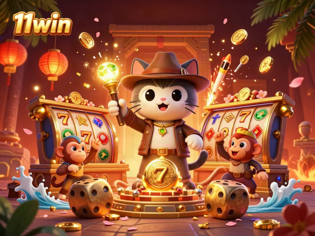 Experience the thrilling world of 11win with a 3D explorer cat discovering casino treasures amidst vibrant gaming elements.