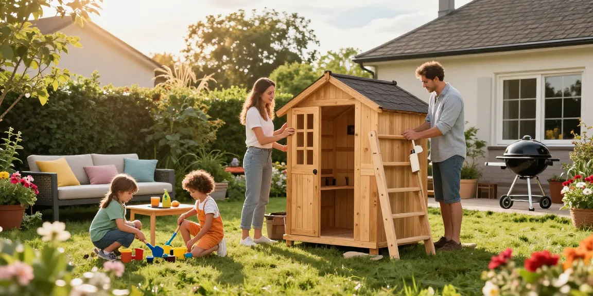 Familie im Garten beim Bau eines Gartenhauses mit sonnigem Outdoor-Bereich.