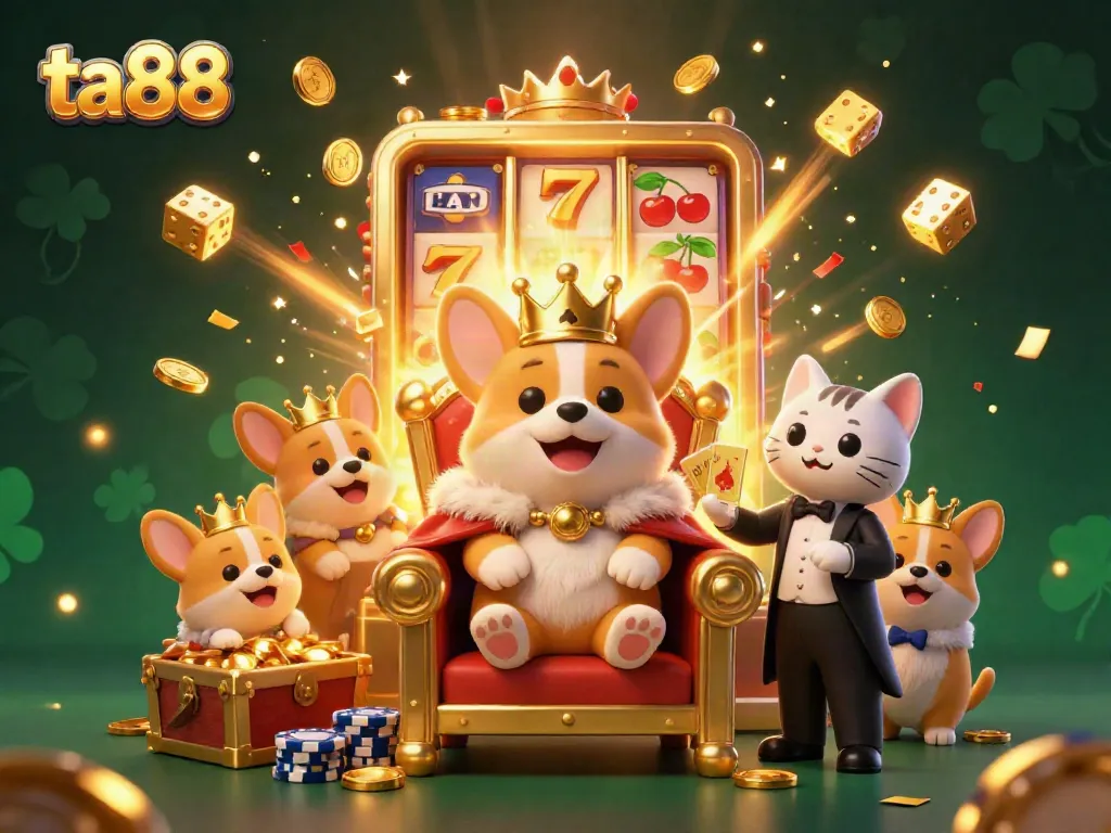 Experience the excitement at ta88 with a royal corgi on a poker chip throne amidst a burst of casino games.