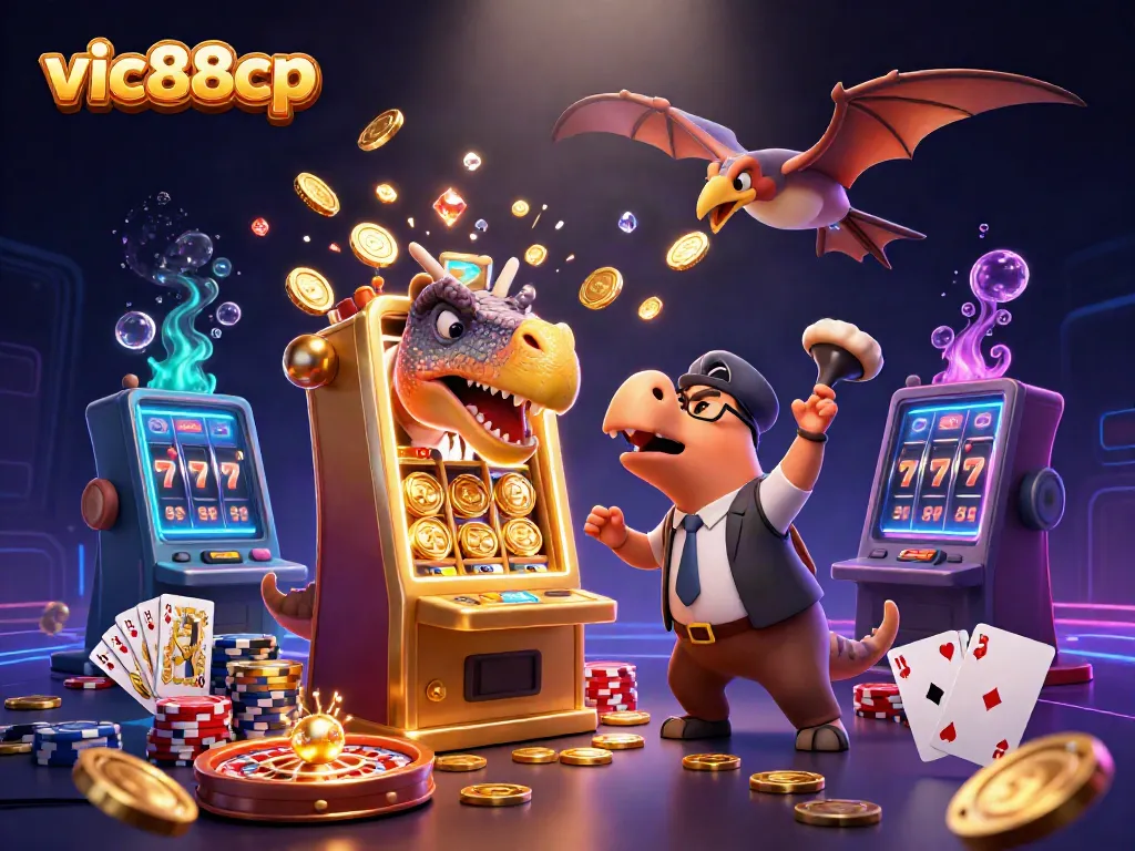 Experience big wins with vic88cp as an animated pachycephalosaurus celebrates a jackpot from a golden slot machine.