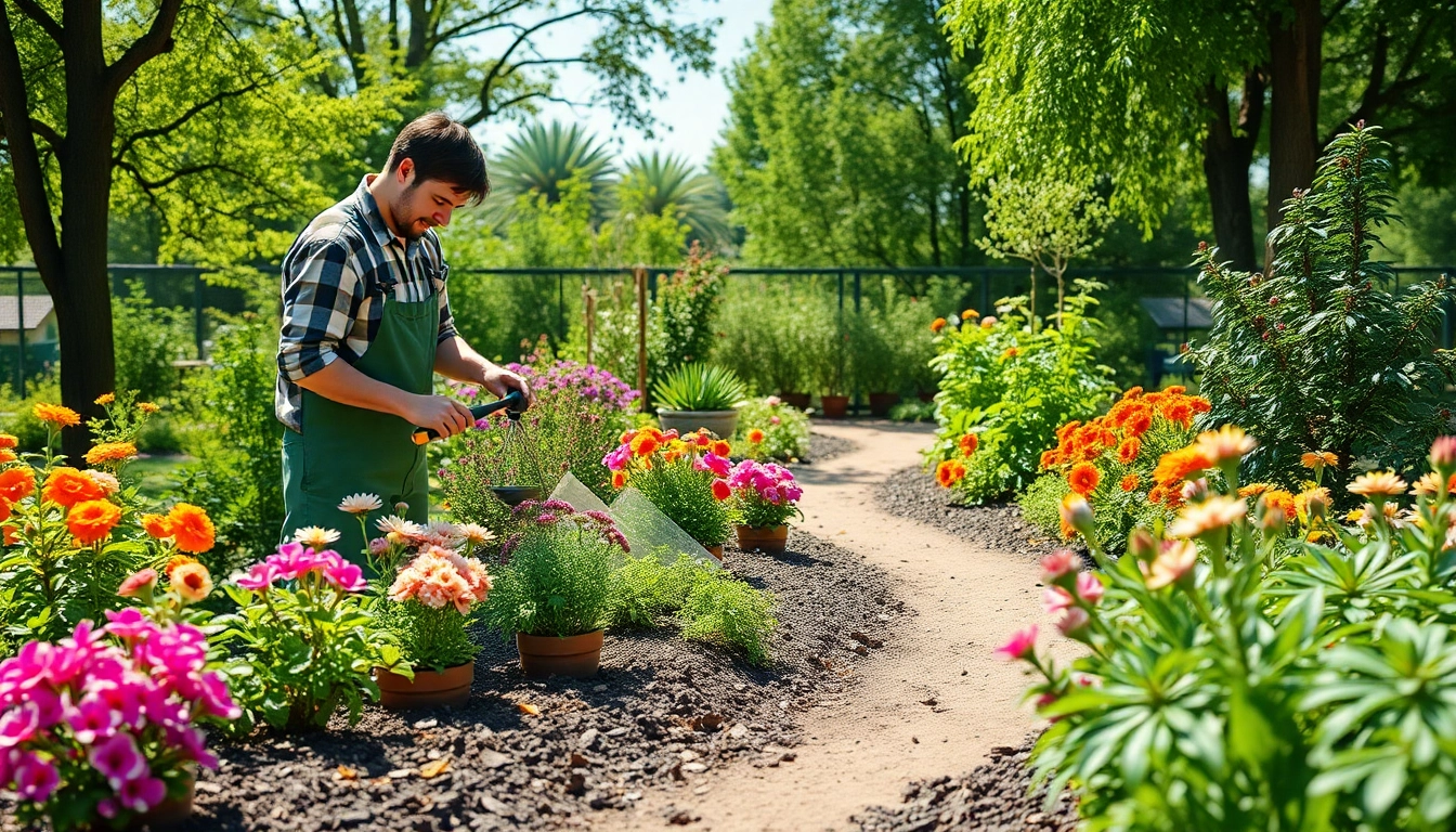Galabauer designing an enchanting garden with vibrant flowers and tools.