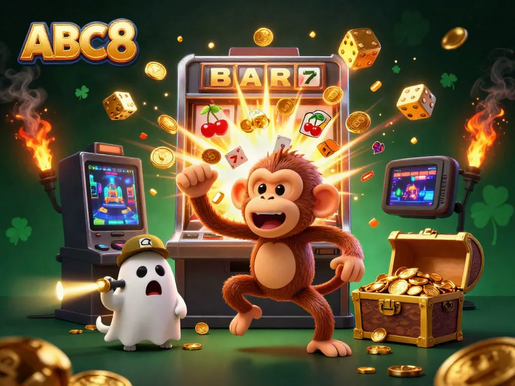 Experience the thrills of ABC8 with a dynamic casino scene featuring playful elements and exciting gaming action.