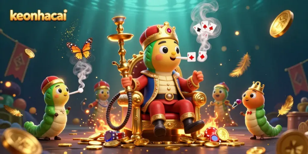Engage with keonhacai's vibrant, 3D casino scene featuring poker symbols and rich atmospheric elements.