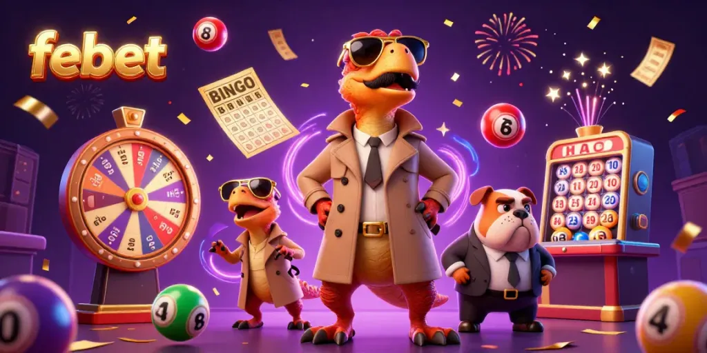 Experience dynamic gaming action at febet with colorful lottery elements and animated casino characters.