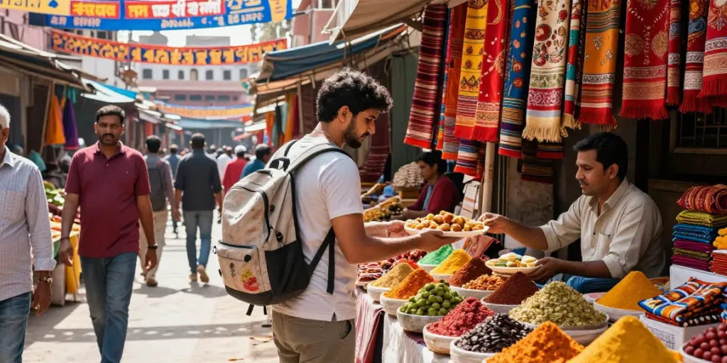 Vibrant Indian market scene with traveler exploring rokok88 culture and colorful stalls.