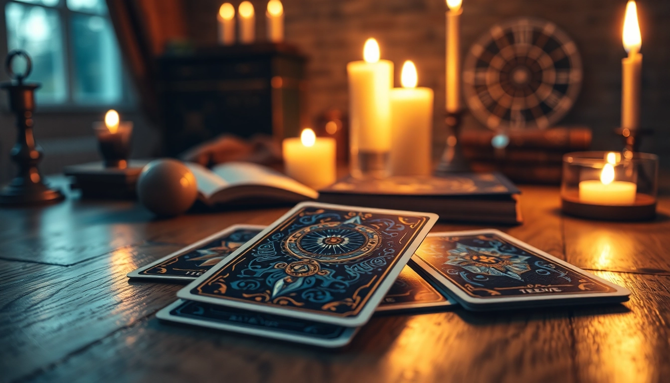 Tarotkarten bedeutung in einem sanft beleuchteten Raum mit mystischen Symbolen und Kerzen.