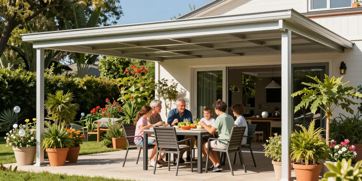 Moderne Terrassenüberdachung mit Familie beim Essen im Freien, stilvolle Atmosphäre