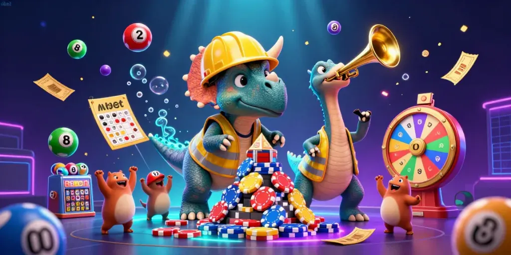 Join the fun at nbet with a 3D cartoon triceratops celebrating as it builds a pyramid of poker chips surrounded by dynamic lottery elements.