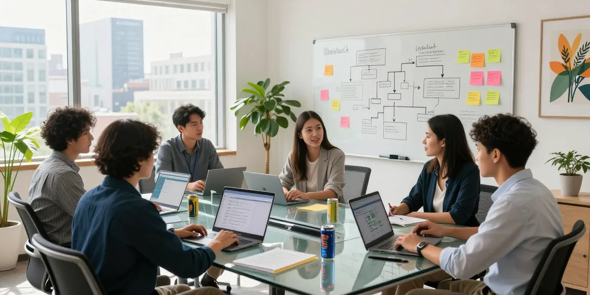 Collaborative professionals at http://debet-app.com brainstorming in a modern workspace.