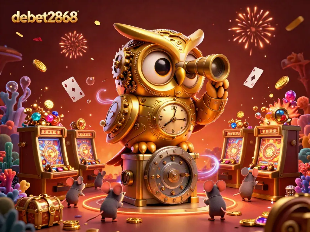 Experience thrilling gameplay at debet2868 with vibrant cartoon characters amidst a lively casino scene.