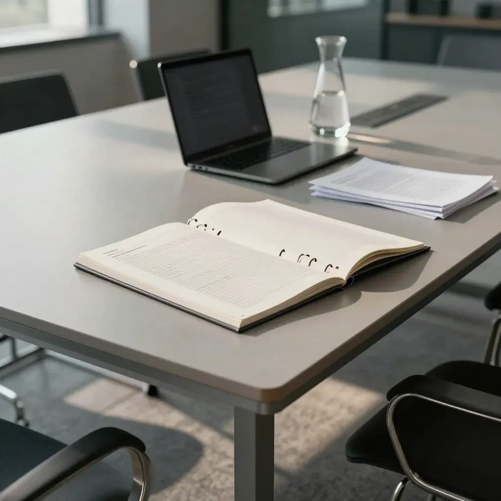Konferenzraum nach dem Team-Review mit Headline-Board, Laptop und Karaffe im ruhigen Licht.