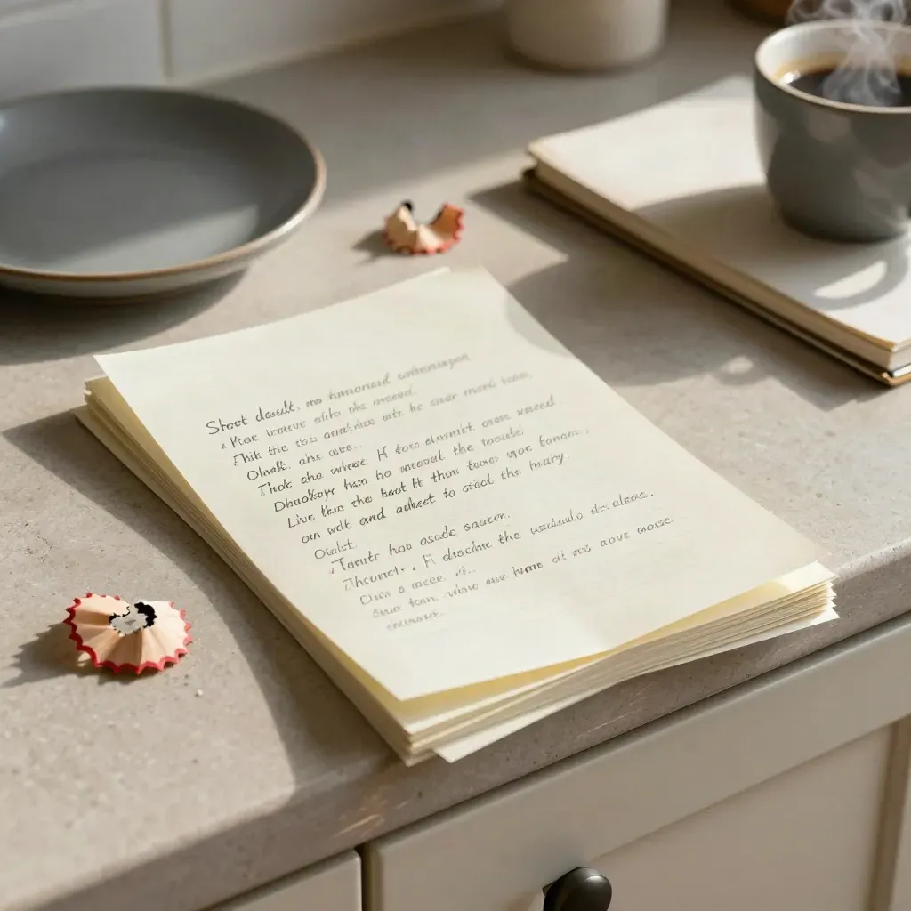 Notizzettel, Kaffeedampf und Keramikschale auf der Küchenzeile im Morgenlicht.