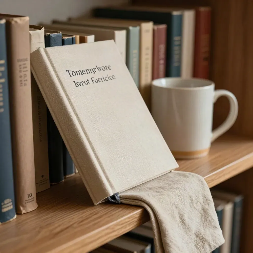 Nahaufnahme eines leinengebundenen Textleitfadens, eines Leinentuchs und einer Tasse in einer Bibliotheksnische.