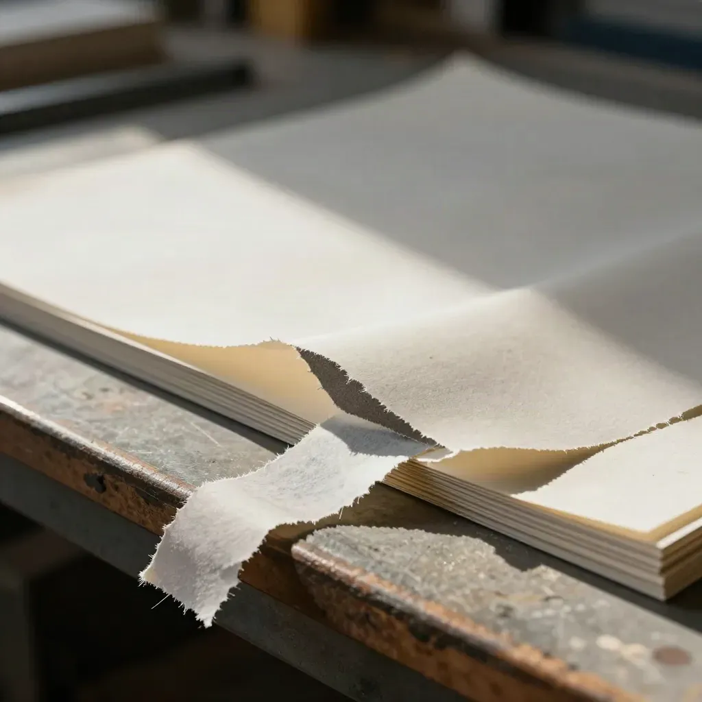 Papierstreifen und ein Layoutbogen auf einer Drucktischkante im dramatischen Licht.