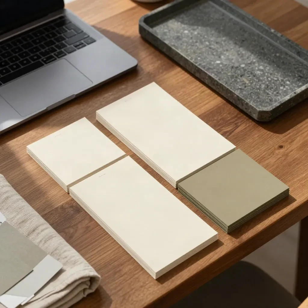 Geschlossener Laptop, Kartenstapel und Steinschale auf warmem Holztisch im weichen Licht.