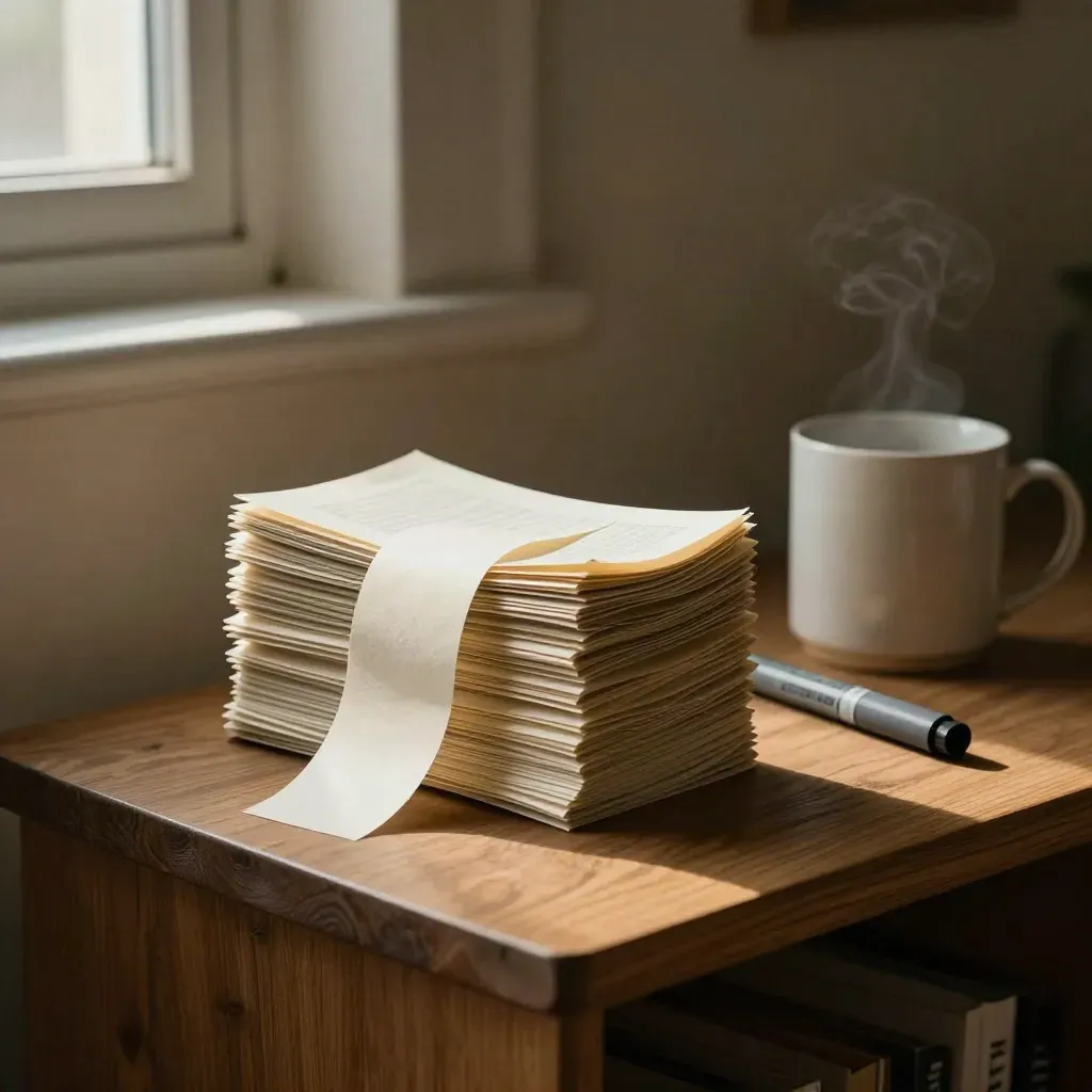 Gefaltete Papierstreifen, Marker und Tasse auf schmalem Konsolentisch im warmen Abendlicht.