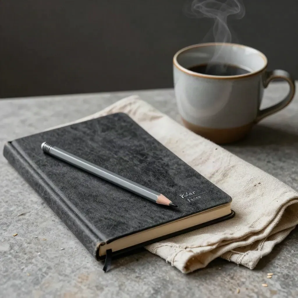 Notizbuch, Stift, Tuch und Tasse in warmem Licht für Klar Text