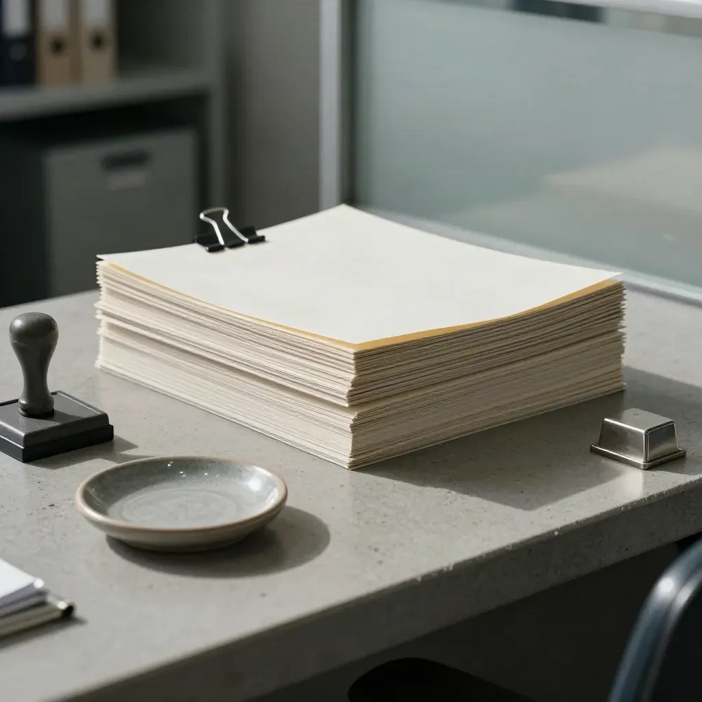 Papierstapel mit Klammern, Stempelkissen und Schale auf grauem Amtstresen