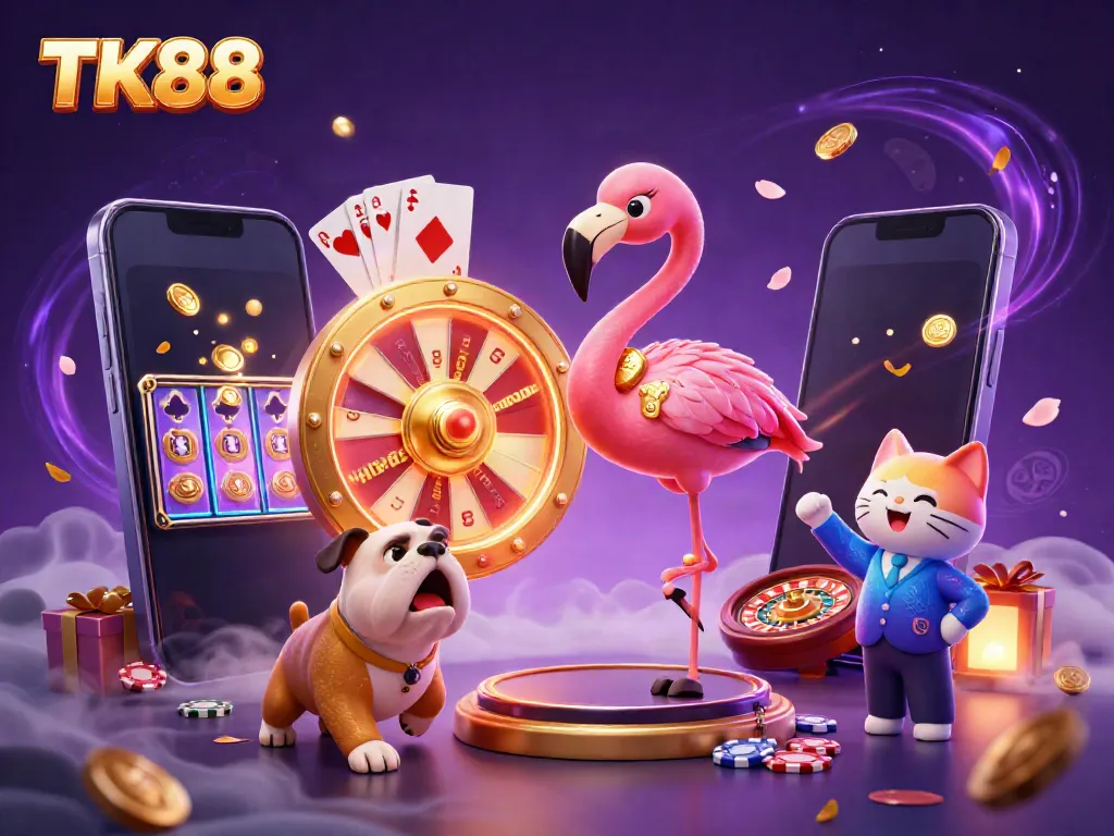 Engaging TK88 casino scene with a flamingo host, bulldog contestant, and prizes to captivate players.