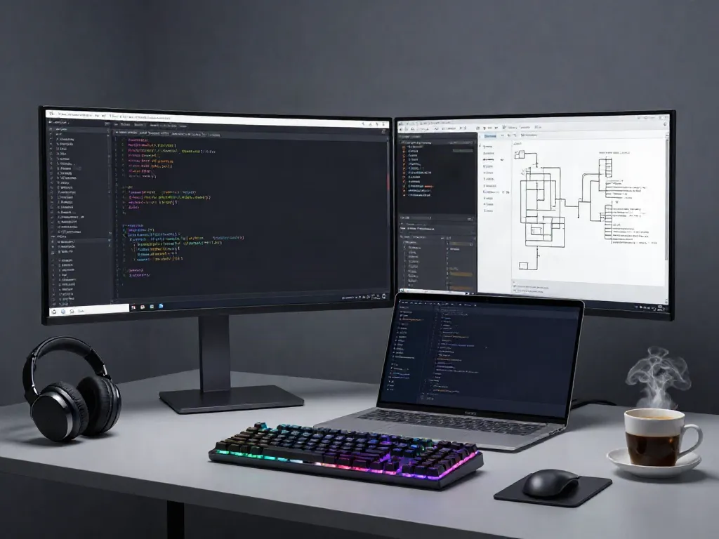 "Secure code review workspace focusing on SCR with coding screens, RGB keyboard, and developer tools."