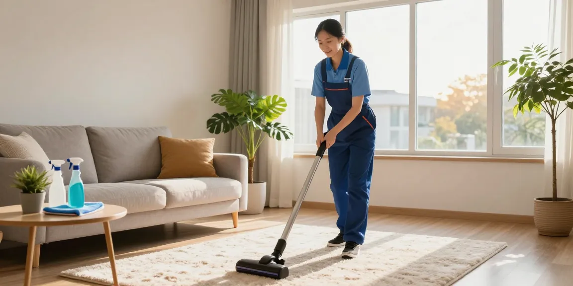 Professional cleaner in a bright living room, showcasing reinigungsunternehmen bern expertise in home cleaning.
