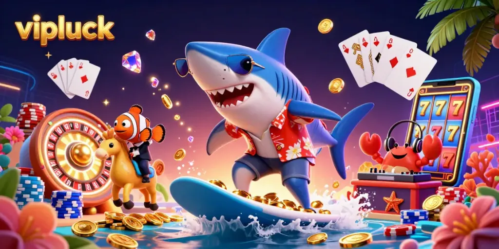 Engage in vibrant gameplay at vipluck with a lively shark and fish characters celebrating casino fun.